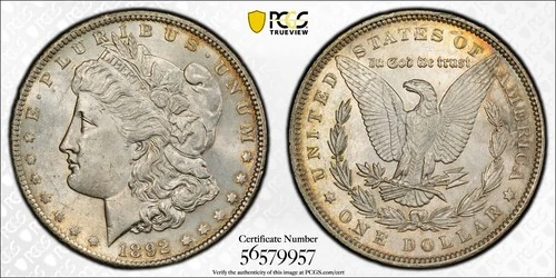 1892 Morgan Silver Dollar PCGS Gold Shield MS62
