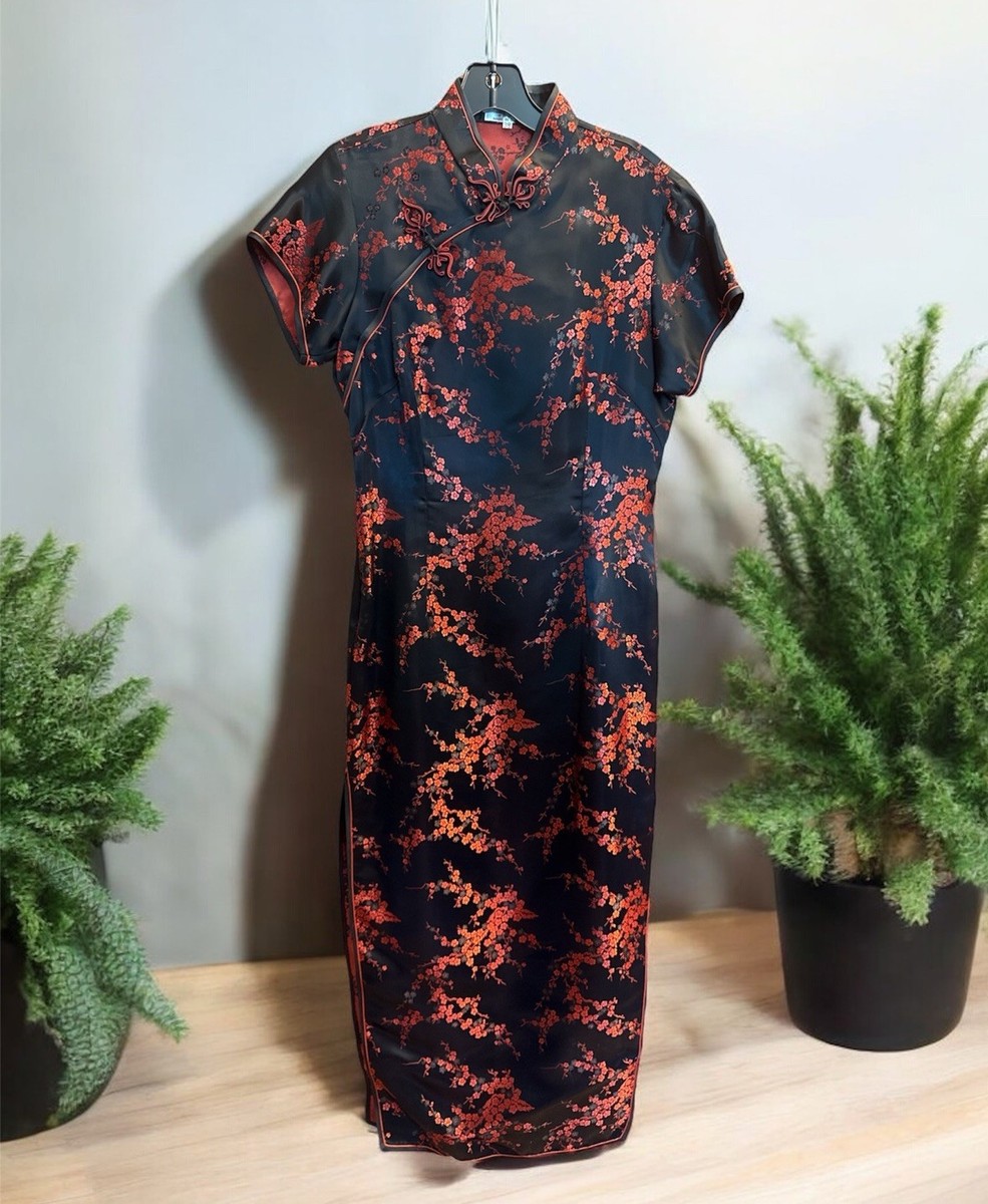 Golden Dragon Chinese Dress Dragon Print- Blk Red Sz 38 Side Zip & Slits  Sexy