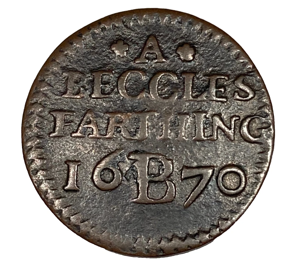 1670 Suffolk BECCLES hammered TOWN FARTHING token BARN WITH SHEEP PEN - W# 5 - Image 4 of 4