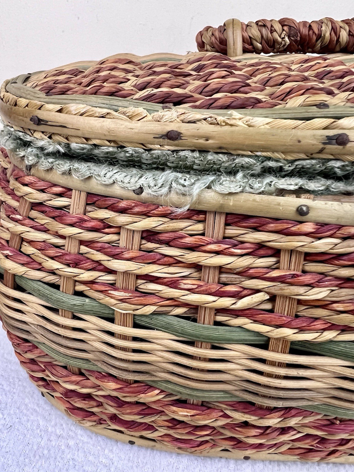 Vintage Sewing Basket Faux Ratan Wicker Sea Foam Green Satin Lining Japan 10.5”