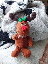 Russ Berrie Reindeer Plush Christmas Ornament Red Nose White Collar 4" Vintage