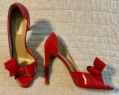 Valentino D'orsay Red Patent Leather Bow Heels Pumps Stiletto Size 40.5
