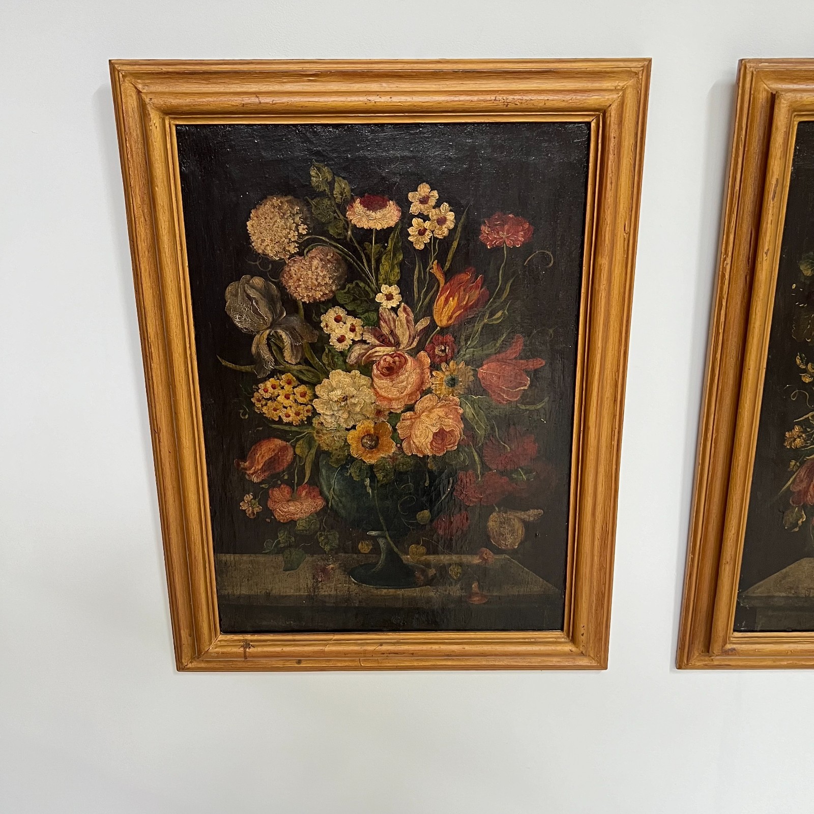 Painting, oil on canvas, pair of large still lifes flowers 18th century