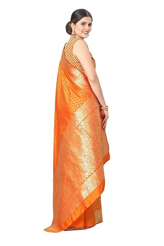 New Women's Woven Kanjeevaram Silk Saree with Unstitched Blouse Piece Mustard - Picture 2 of 3