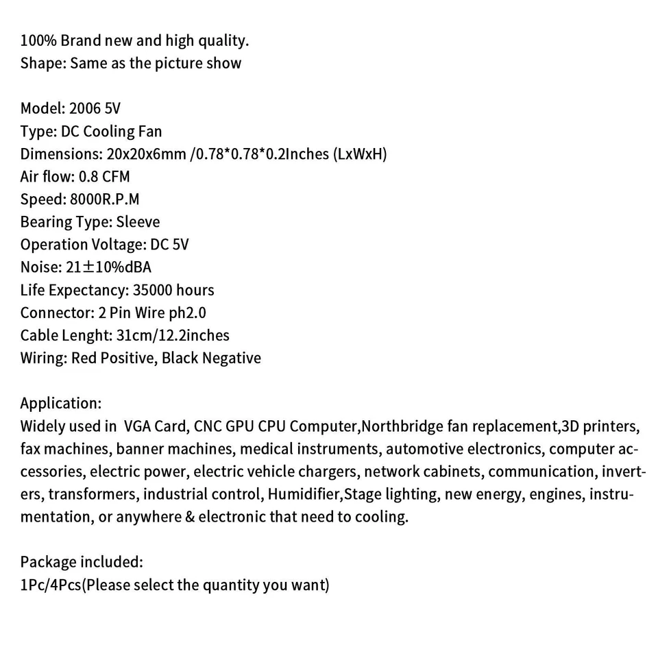 Brushless DC Kühlung Lüfter Fan 5V 2006 20x20x6mm Sleeve 2 Pin Wire F2 - Bild 2 von 4