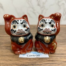 Maneki Neko Beckoning Lucky Cat Daruma Pair Kutani Ware Porcelain