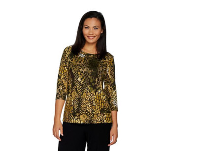 Susan Graver Size XS ''BLUE'' Weekend Printed  Brushed Liquid Knit Top A297689