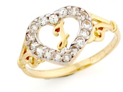 10k or 14k Gold Heart Shape Letter 'J' Initial CZ Ring Jewelry