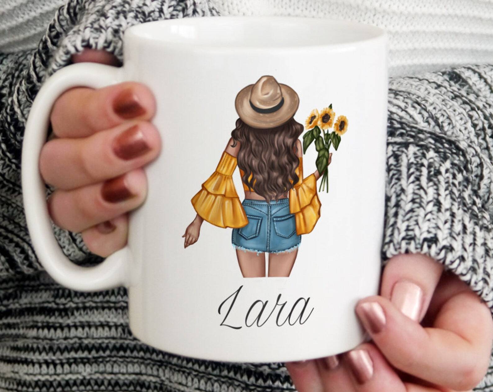 Personalised Sunflower Girl With Brown Hair Mug Gift For Her Personalised Mug