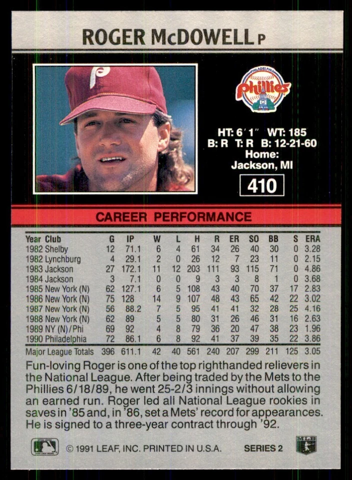 1991 Leaf Roger McDowell Baseball Cards #410 - Image 2 of 2