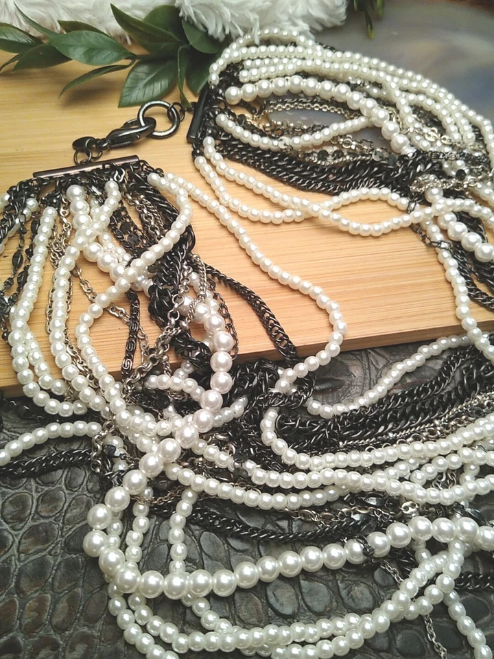 珠片品牌多股人造珍珠黑色和银色链厚项链 — 第 4/4 张图片