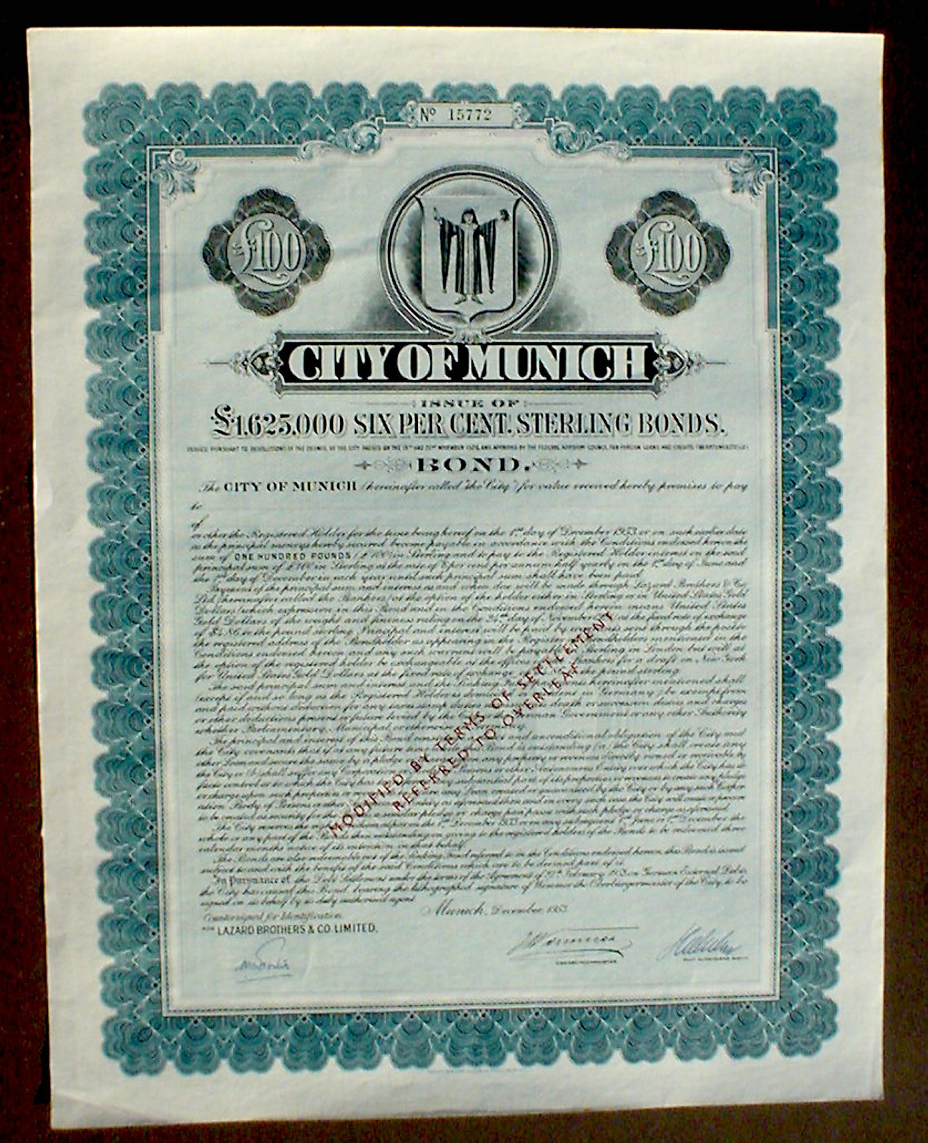 6% City Of Munich 100 £ Bond To Bearer 1953 Uncancelled Print By Waterlow &Amp; Sons