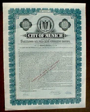 6% City of Munich 100 £ Bond to Bearer 1953 uncancelled print by Waterlow & Sons