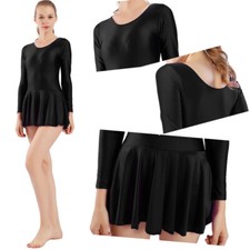 Women Ballet Leotard Dress Round Neck One Piece Long Sleeve Gymnastics Bodysuit