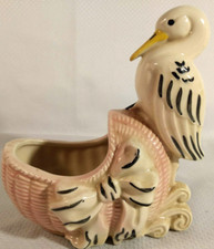 MCM Ceramic Stork Pelican Baby Bassinette Crib Cradle Planter 5.75 high