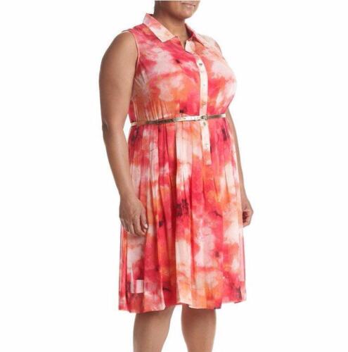 CALVIN KLEIN Plus Size 22W Tie Dye Belted Pleated Dress NWT $139 - Afbeelding 1 van 3