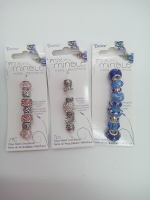 Lot of 3 Darice Mix & Mingle Metal Lined Beads Jewelry Crystal Lt Blue Lt Pink