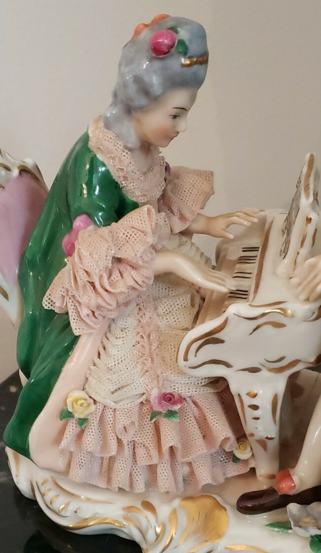 Dresden Lace Victorian Figurine Lady At Piano Man W/ Cello Musical