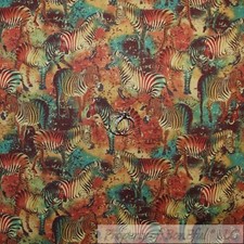 BonEful Fabric FQ Cotton Quilt VTG Brown Red Gold Zoo Zebra Animal Jungle Safari
