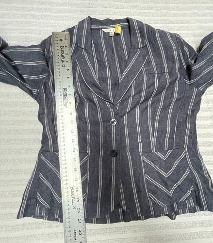 Cabi Womens Blazer Jacket Puff Sleeve Two-Button Size 8 Blue White Stripe Linen - Picture 9 of 9