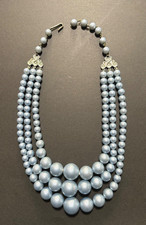 Vintage 3 Strand Faux Blue Pearl Graduated Beaded Necklace Choker