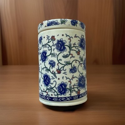 Hangzhou Tea Factory Tea Canister Blue Floral Glass