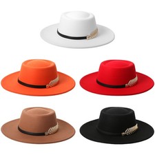 Retro Felt Round Crown Flat Brim Women's Fedora Hat with Metal Fishbone Deco