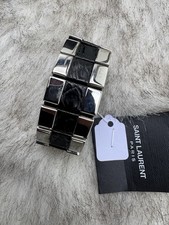 Saint Laurent Cuffed Bracelet Leather Silver | Black | One Size YSL Bracciale