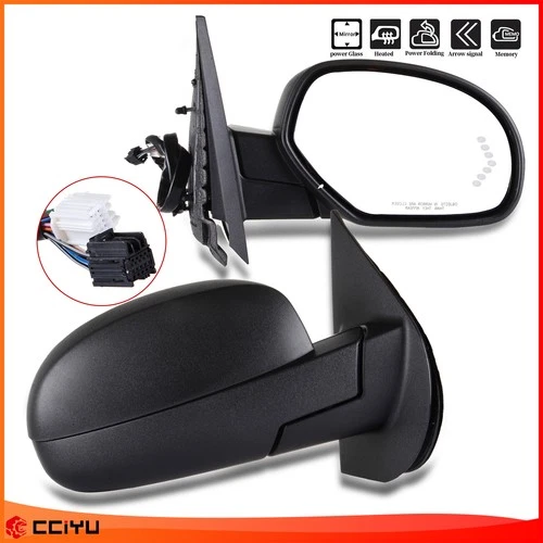 For 07-14 Chevy GMC Black Power-Fold Memory Puddle Light Pair Mirrors Heated