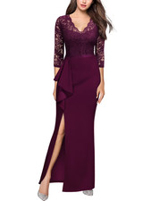 Women's Long Evening Dress Floral Lace Ruffle 3/4 Sleeves – Burgundy XL