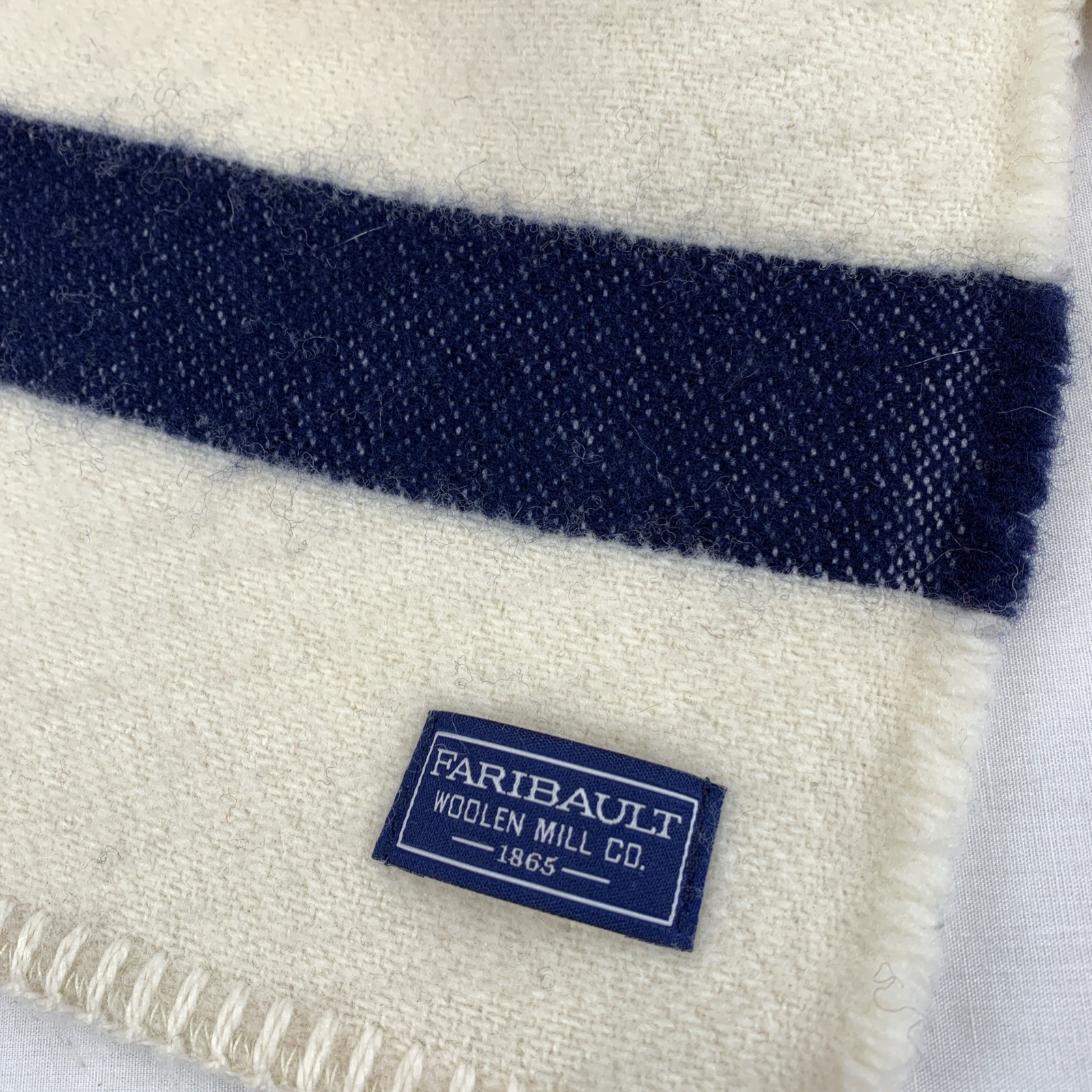 Faribault Woolen Mill Wool Scarf Striped Revival Off White With Red, Gold, Navy thumbnail 2