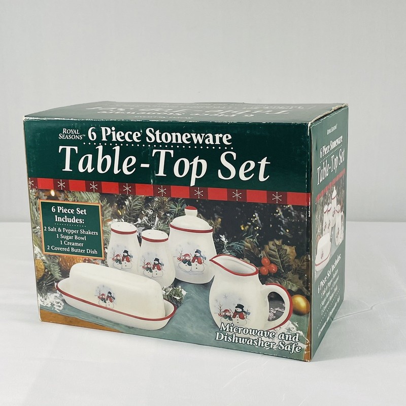 Royal Seasons 6 Piece Stoneware Christmas Table-Top Set Snowmen Pattern NIB