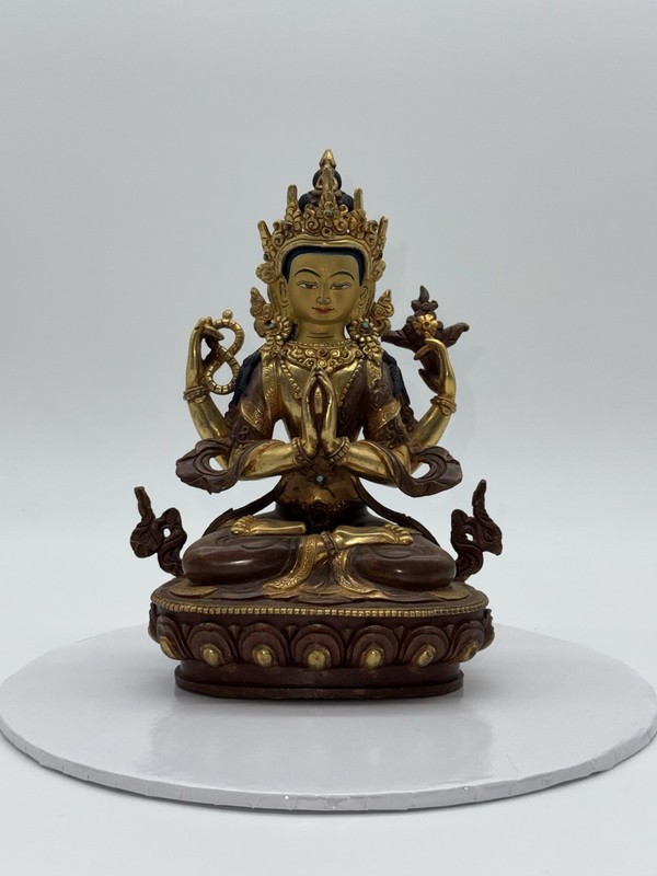 Avalokitseshvara Chenrezig Buddha Copper Gold Gilt Statue Tibetan Nepal