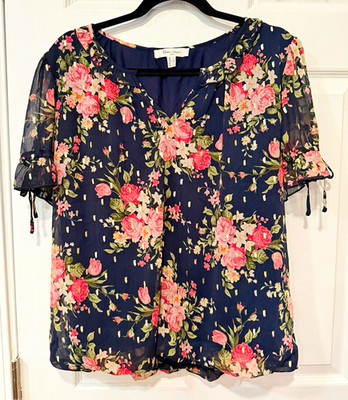 Hippie Rose Women s L Blue Pink Floral Sheer Chiffon V-Neck Tie Blouse