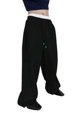 Men's Baggy Pants Wide Leg Drawstring Waist Loose Sweatpants with Pockets Bla...