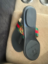 Women  s US 10 Black Synthetic Thong Sandals Red/Green Striped Straps Logo