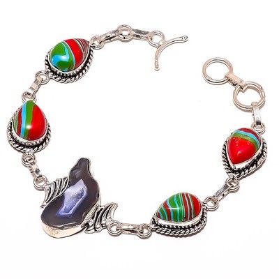 Purple Botswana Agate, Rainbow Calsilica Silver Plated Bracelet 7-7.99'' B