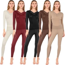 Womens Set Nightwear Homewear Warm Outfit V-Neck Thermal CasuaL Layer T-shirt