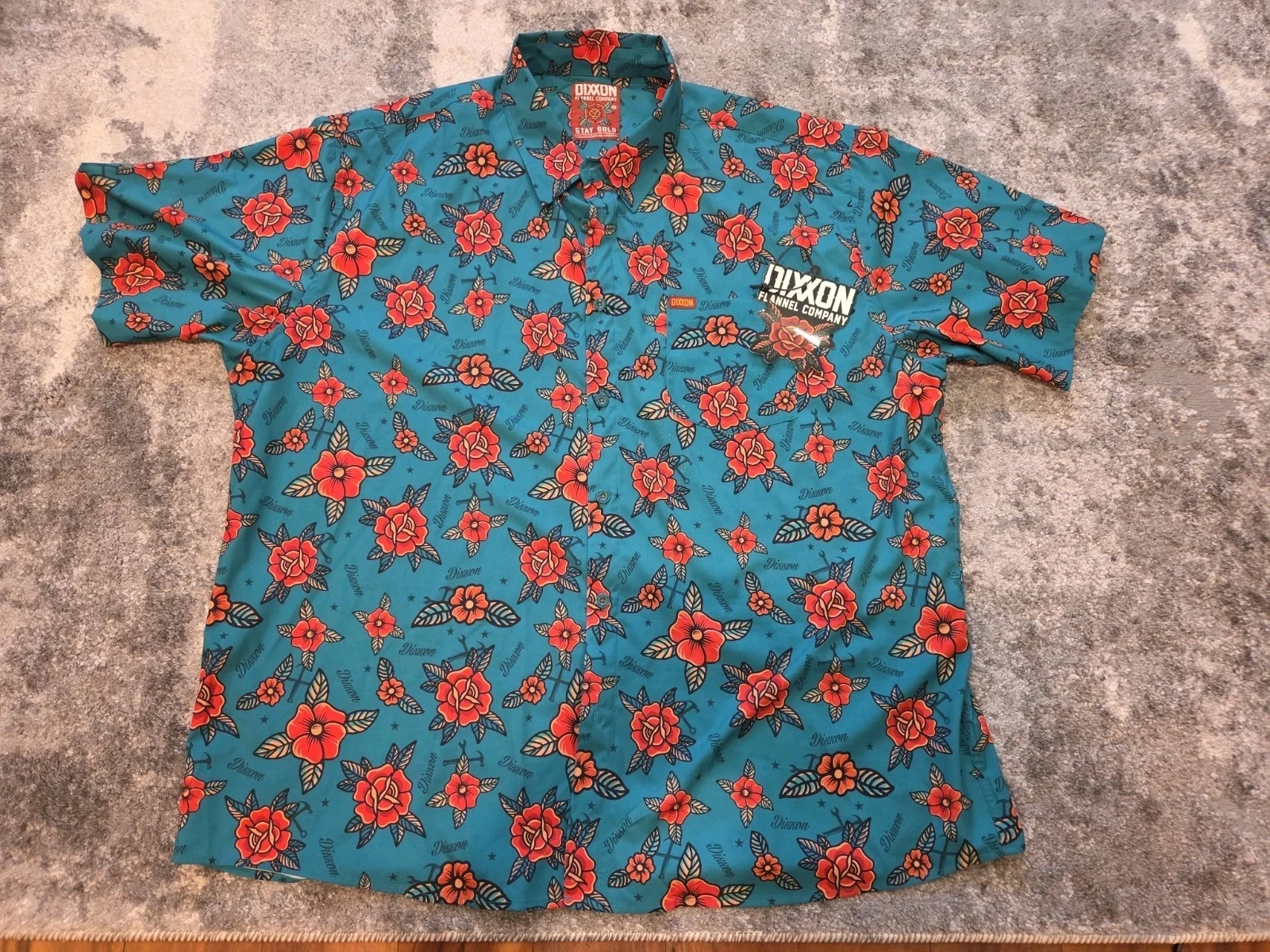 Dixxon Men's 4XL Stay Gold Teal Floral Button-Down w/ Sticker 4X