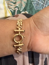 9ct Yellow Gold Curb Link Bracelet Toggle Clasp with Black Round Onyx