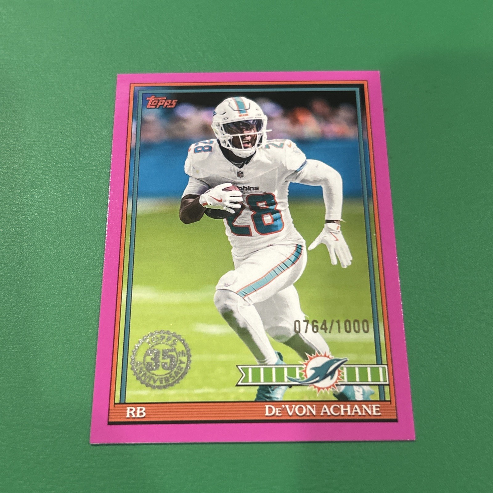 2026 Topps Flagship Football Devon Achane Miami Dolphin Pink Border 764/1000