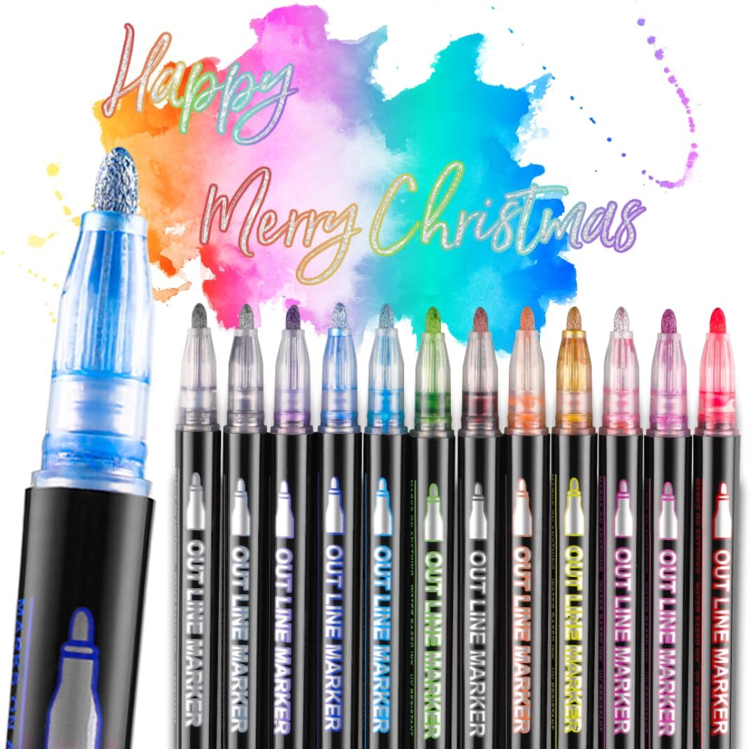 Double Line Outline Markers 12 Colors Outline Metallic shimmer Markers Pens f...
