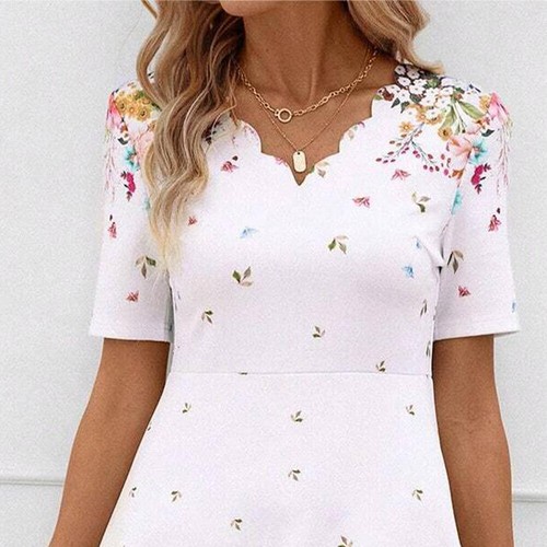 Damen Kurzarm A-Linie-Kleid Blumen Sommerkleid Partykleid V-Neck Midikleid Reise - Bild 4 von 18
