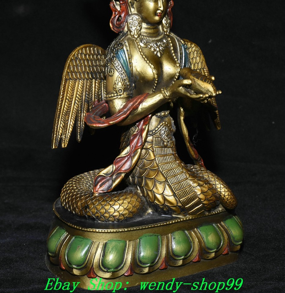 10" Old Tibetan Bronze Painting Gilt 5Heads Snake Naga Kanya Buddha