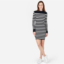 EVERLANE Breton Ribbed Striped Sweater Dress Navy Blue White Sz L {3W14}