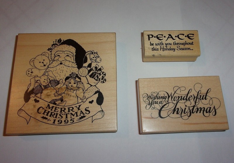 3 Christmas Rubber Stamps SANTA & TOYS and CHRISTMAS WISHES USED