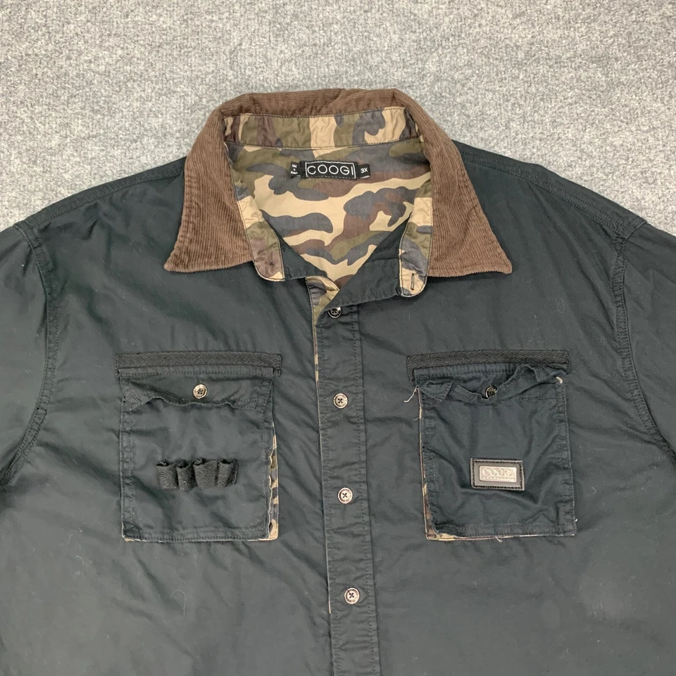 Camisa Coogi Hombres 3X Negra Marrón Táctica Utilidad Bolsillos Militar Cuello Pana Foto 4 de 4