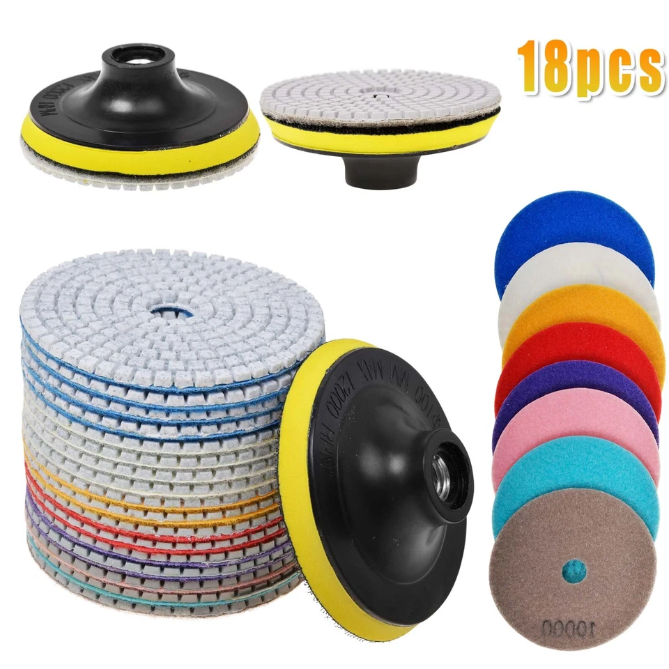 18 Pcs Diamond Polishing Pads 4Inch Wet Dry Set for Concrete Marble Quartz Stone