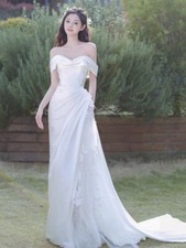 Off Shoulder womens Light Wedding Dress Bride White Fishtail French Satin Dress