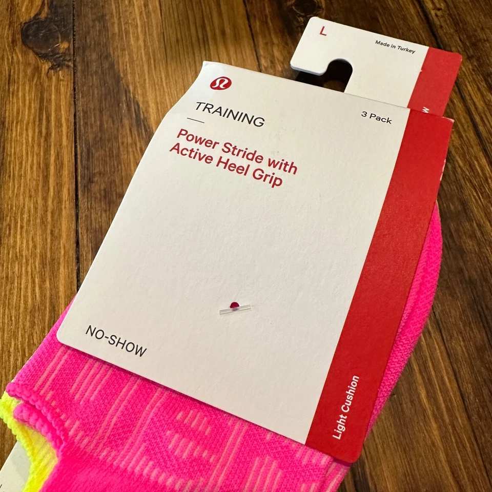 Lululemon Power Stride No Show 袜子 3 件装 Active Grip 霓虹粉色橙色 L 码 — 第 3/4 张图片